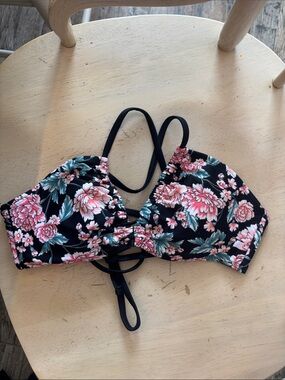 Xhilaration Black Floral Bikini Top with Pink and Green Accents